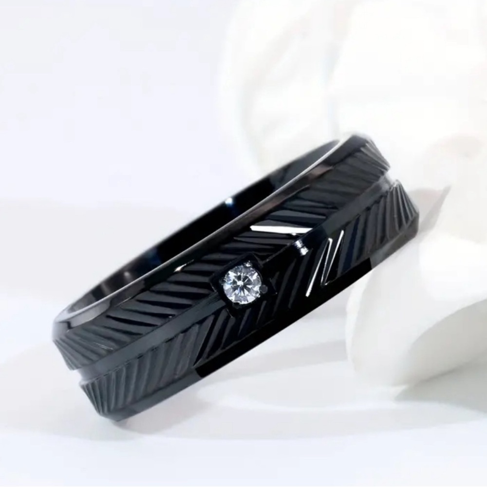 8mm Gear Pattern Ring, Black Titanium Steel Men's Ring, Inlaid Cubic Zirconia